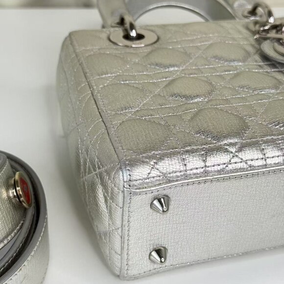 Dior Silver Leather Medium Lady Dior Shoulder Bag with Quilted Design - Picture 9 of 12
